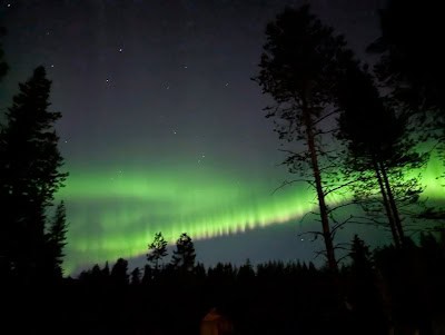 Northern Lights display illuminating the night sky with vibrant green hues.