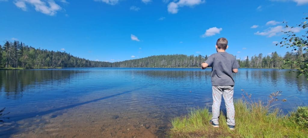 A serene boy fishing by a calm lake in Finnish Lapland.