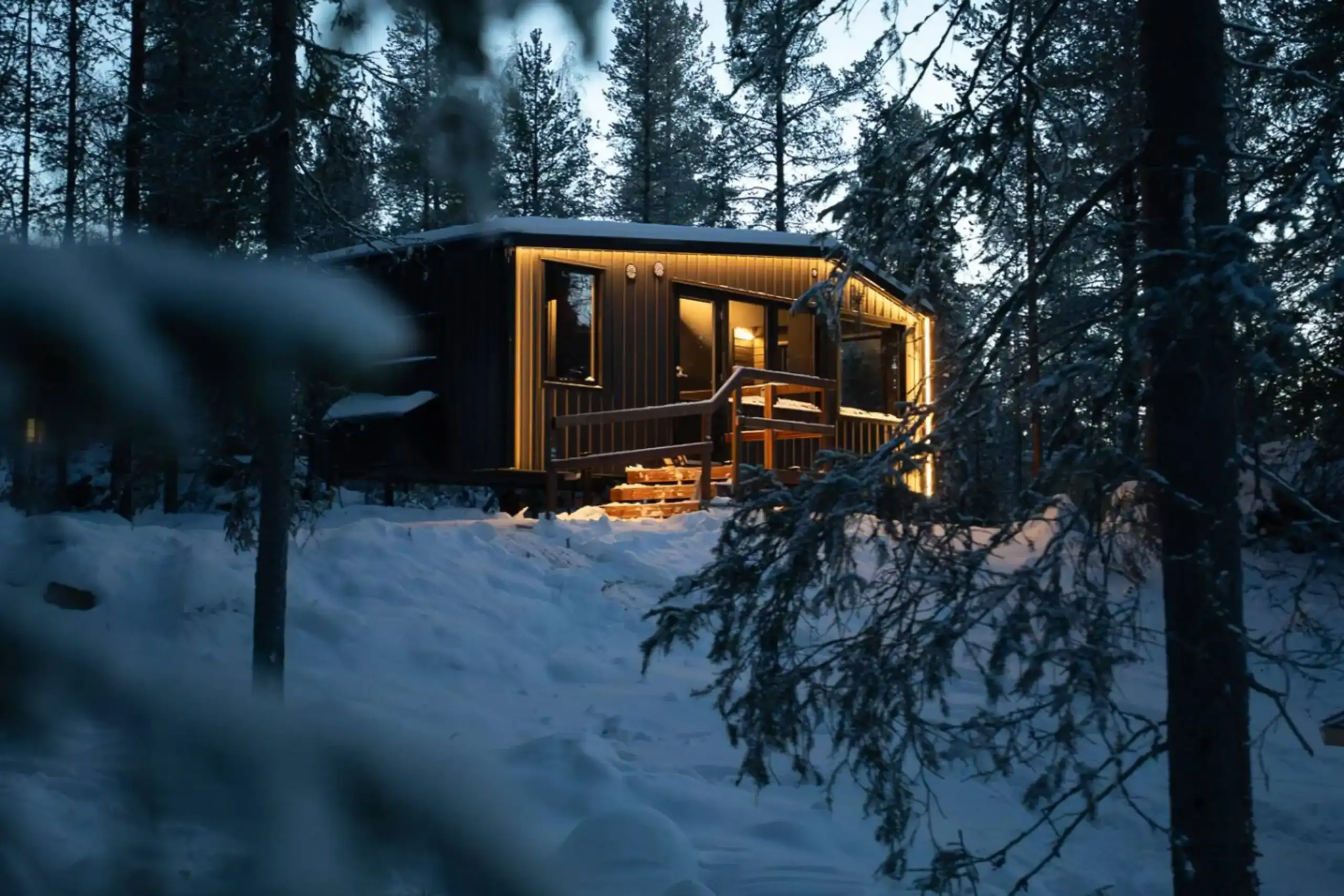 Made Lapland tiny house in Ylläs, a cozy wooden cabin lit up in a snowy forest at dusk